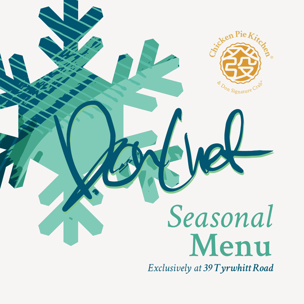 A kitchen catalogue card with a teal snowflake, a signature, and the words Seasonal Menu, Exclusively at 39 Tyrwhitt Road.