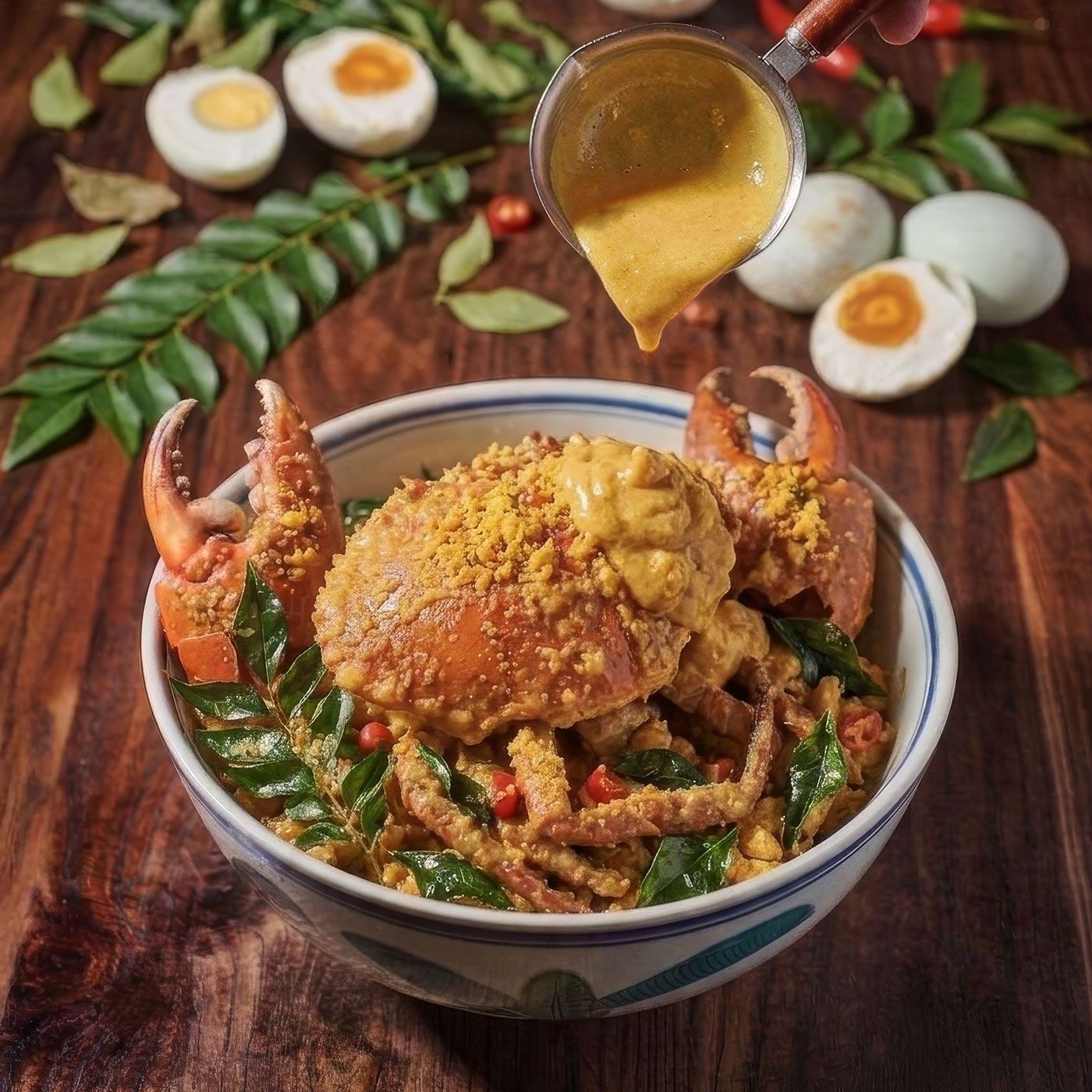 Golden Salted Egg Crab: a whole mud crab dusted with golden egg yolk on curry leaves.