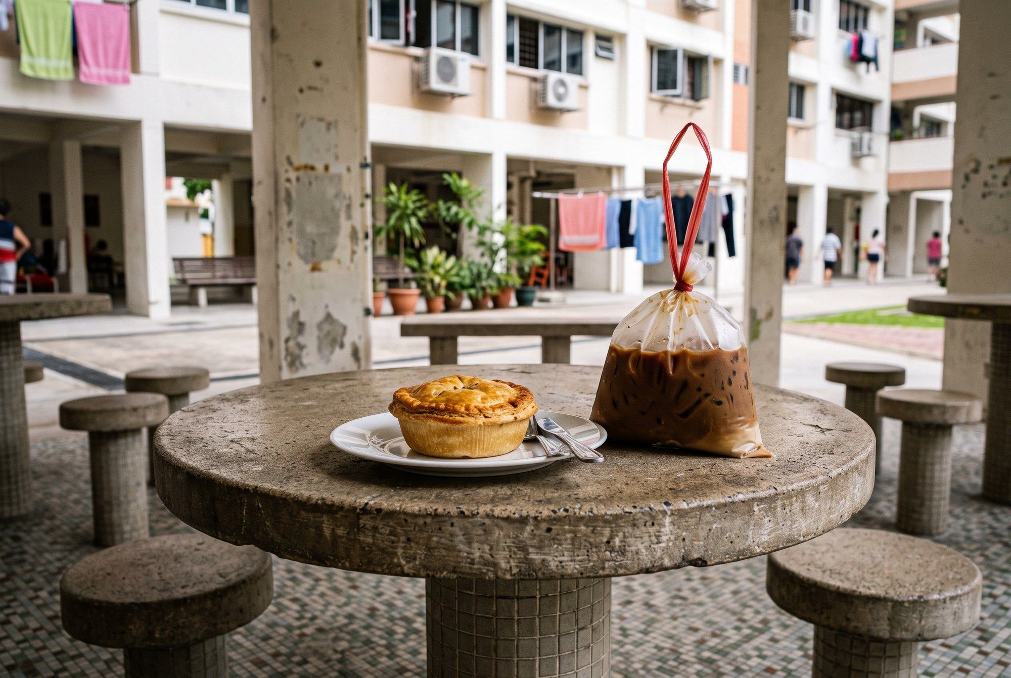 An illustration of a small golden chicken pie on a plate beside an iced kopi in a takeaway bag on a table outside a housing block.