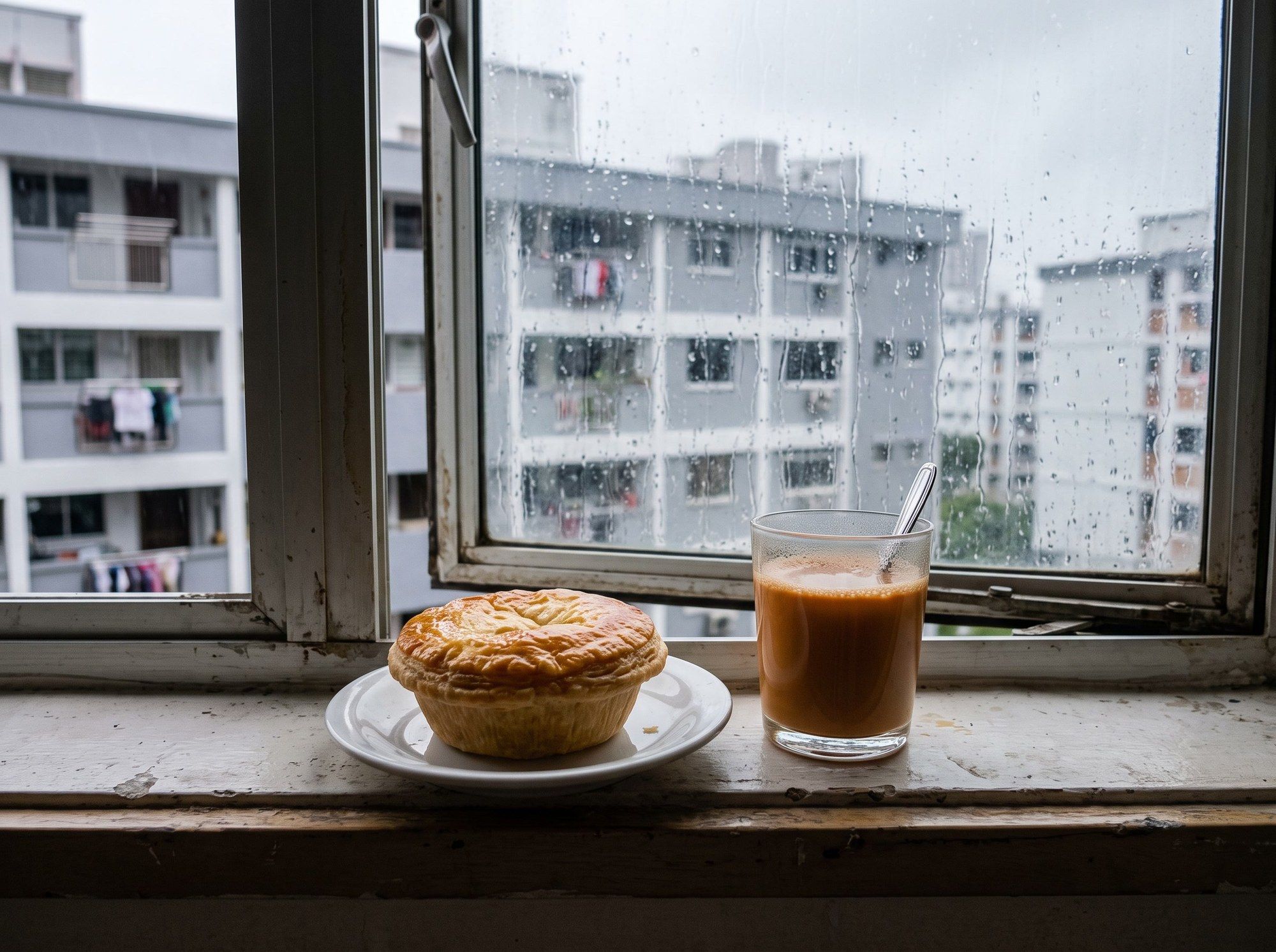 An illustration of a small golden chicken pie on a plate beside a glass of teh by a rainy window with housing blocks outside.