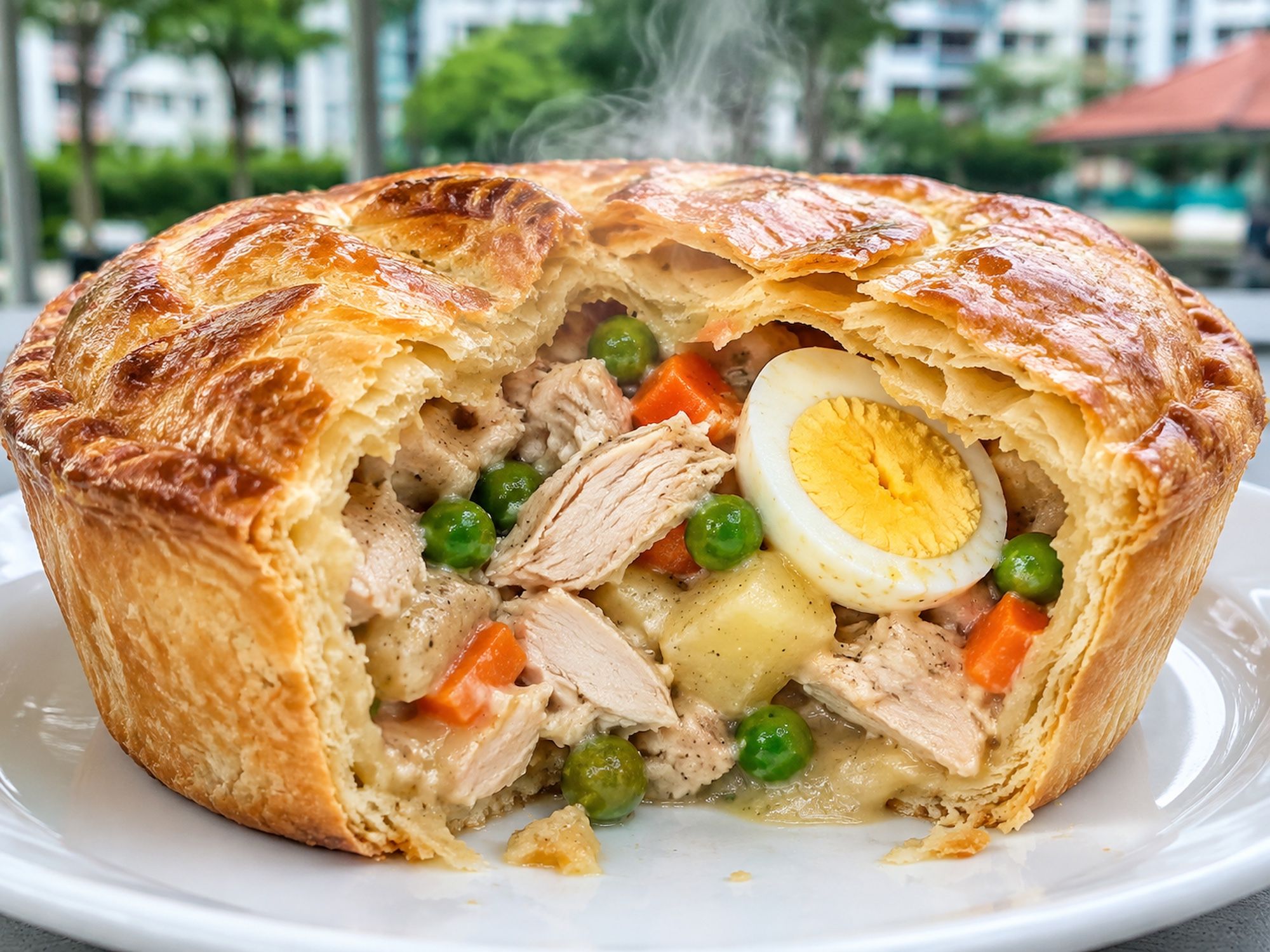 An illustration of a golden chicken pie broken open to show chunks of chicken, potato and half a boiled egg on a white plate.