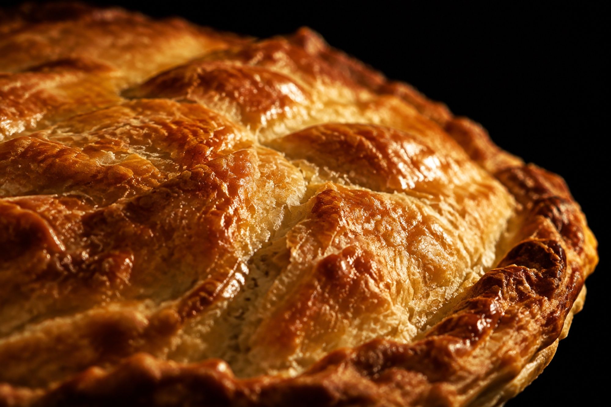An illustration of a close-up of a blistered, golden, flaky baked pastry crust in warm light.