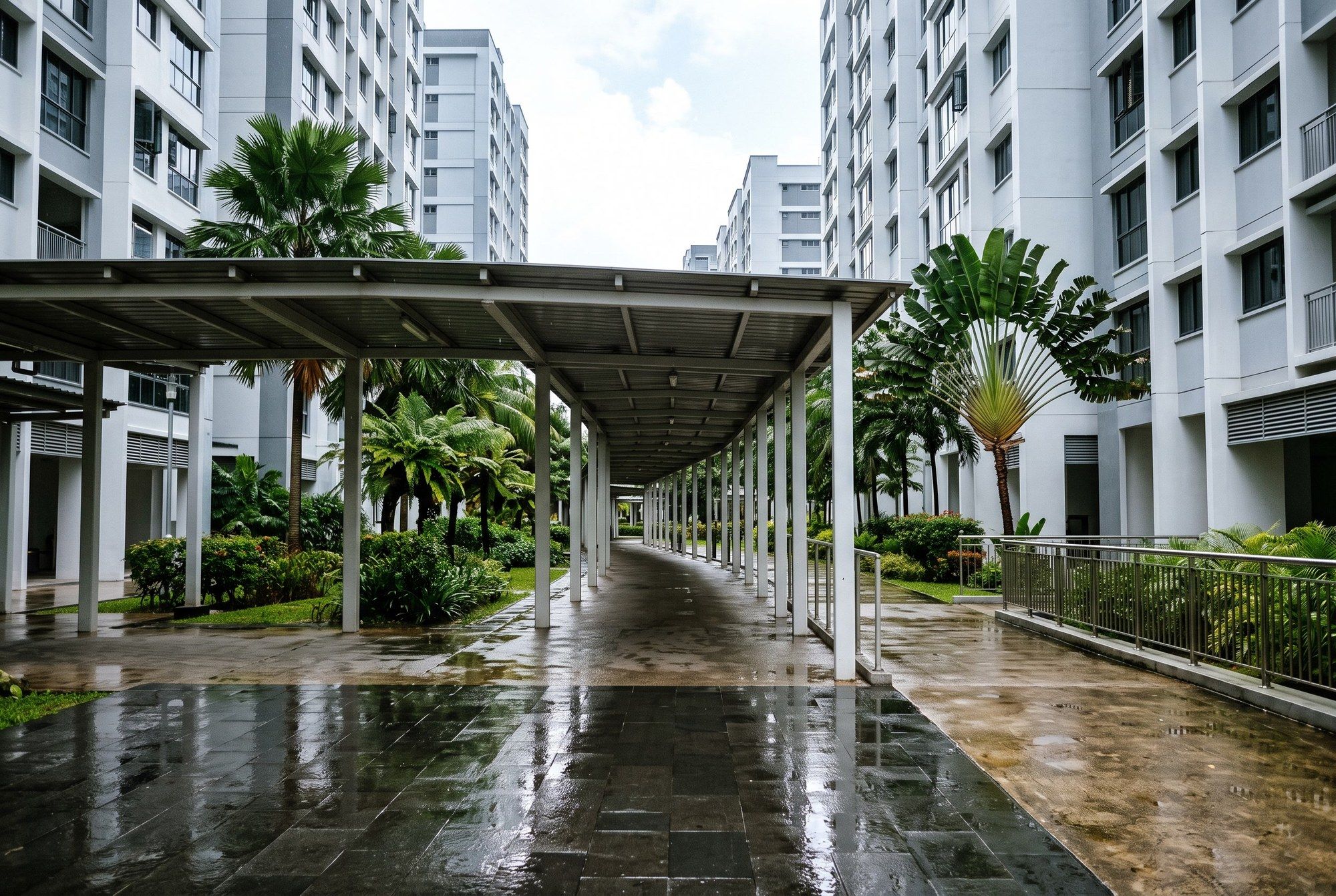 An illustration of a covered walkway between Singapore housing blocks after rain, with wet paving and palms.