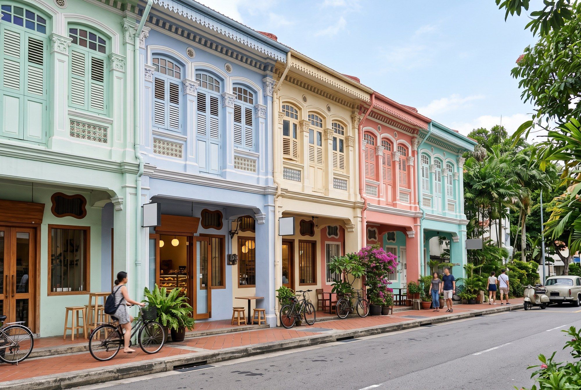 Illustration of a street of pastel shophouses in Jalan Besar in daylight. It is not a photograph of our restaurant.