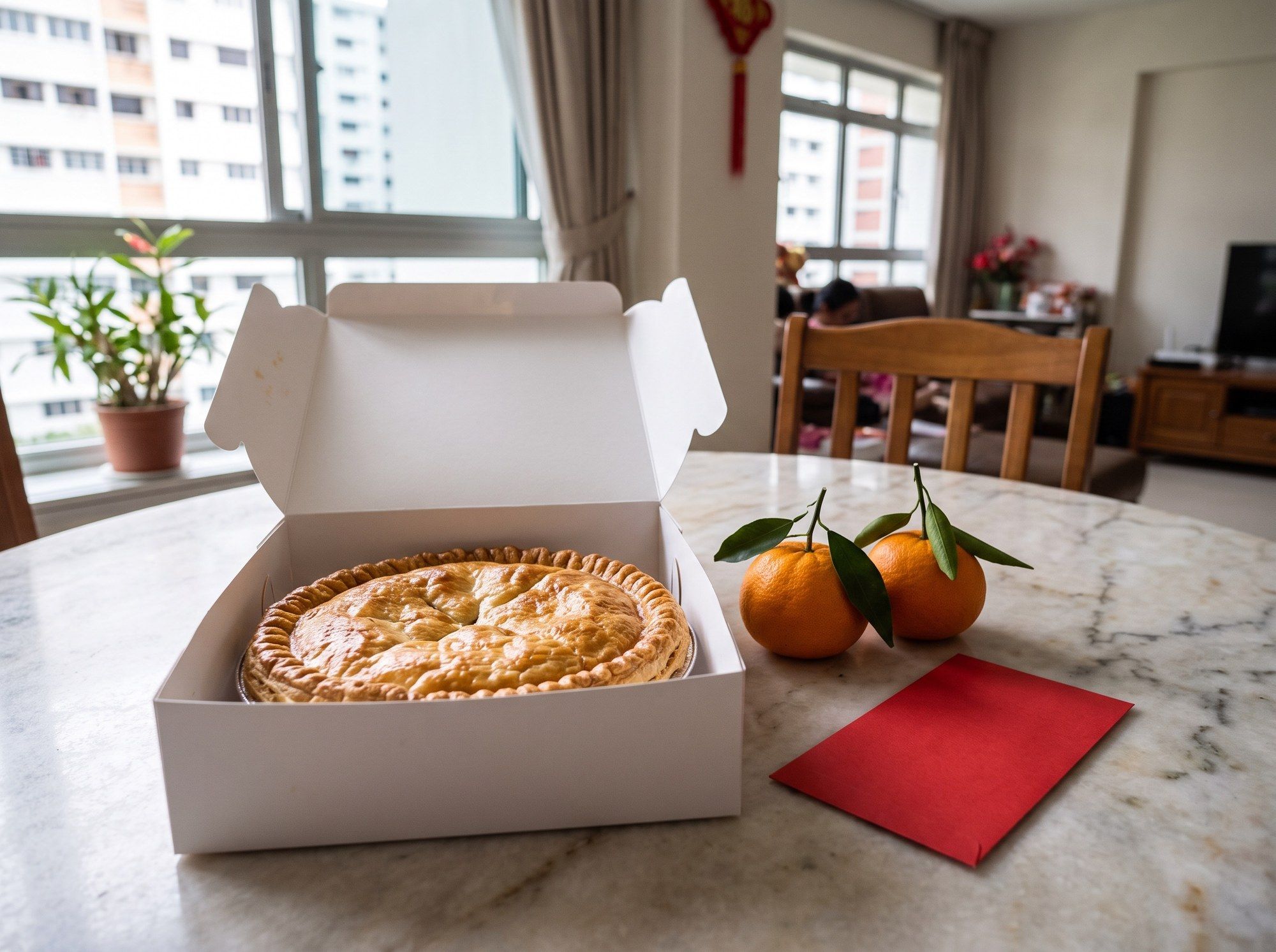 An illustration of a whole golden chicken pie in an open white box beside mandarin oranges and a red packet on a table.