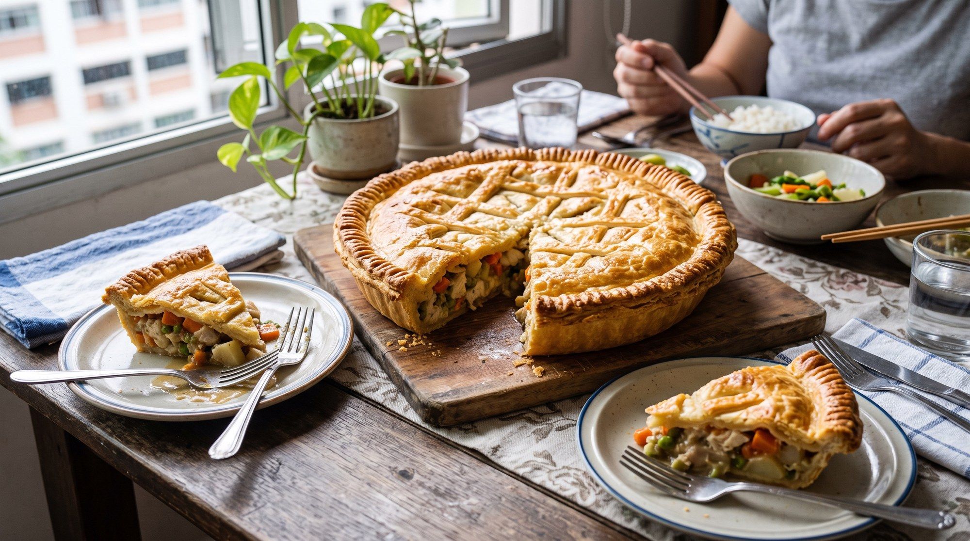 An illustration of a whole golden chicken pie with a slice cut out, on a wooden board with plates and a fork.